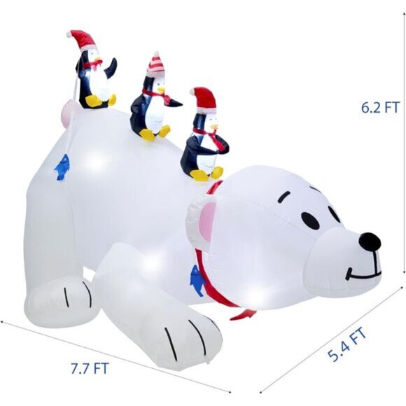 🆕7.7(L) x 6 FT(H) Inflatable Lighted Polar Bear with Three Penguin Decoration - Picture 7 of 11